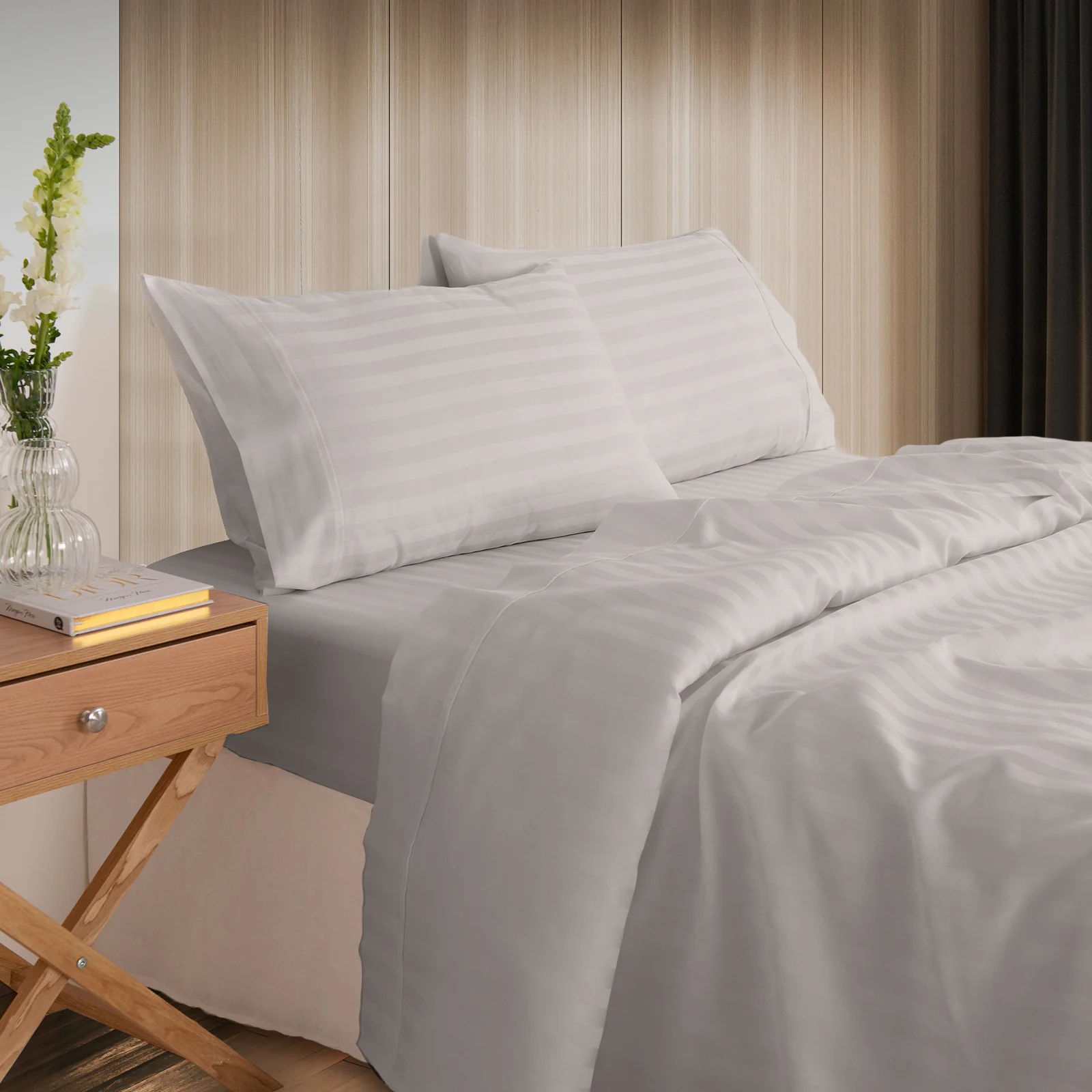 KENSINGTON 1200TC COTTON SHEET SET IN STRIPE-QUEEN - SILVER (GREY) - Image 8