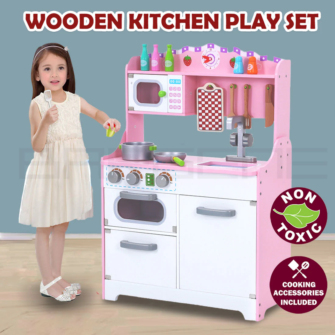 Kids Wooden Kitchen Pretend Play Set Toy Toddlers Children Cooking - Image 5