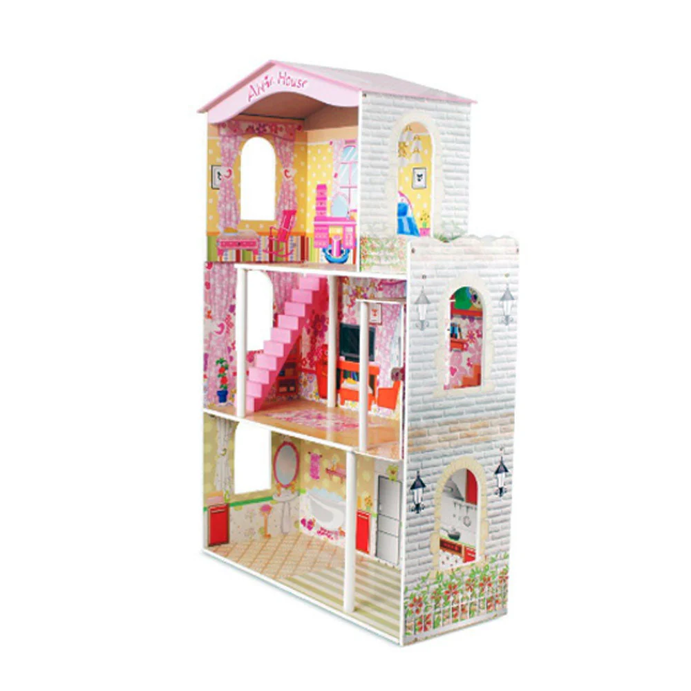 Large Wooden Dolls Doll House 3 Level Kids Pretend Play Toys Full Furniture - Image 2