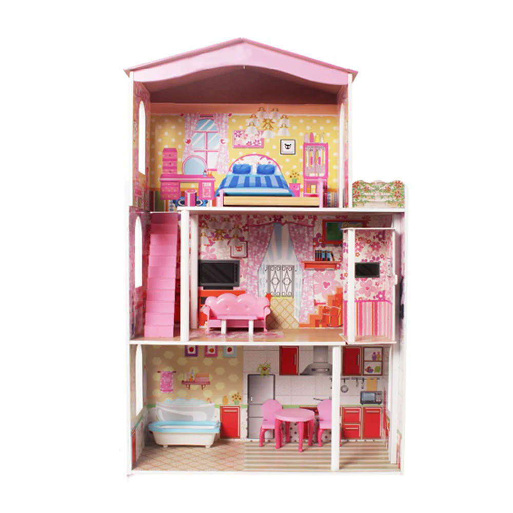 Large Wooden Dolls Doll House 3 Level Kids Pretend Play Toys Full Furniture - Image 3