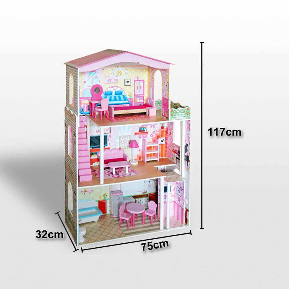 Large Wooden Dolls Doll House 3 Level Kids Pretend Play Toys Full Furniture - Image 9