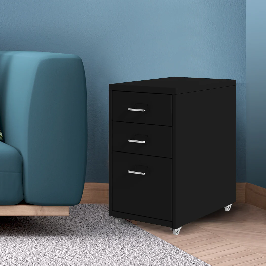 Levede 3 Drawer Office Drawers Cabinet Black - Image 6