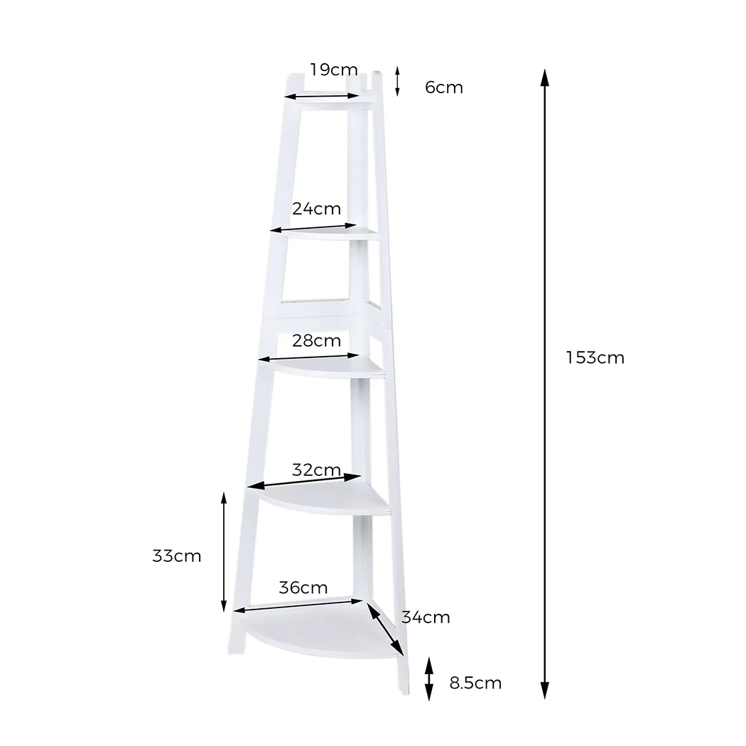 Levede 5 Tier Corner Shelf Wooden Storage White - Image 2