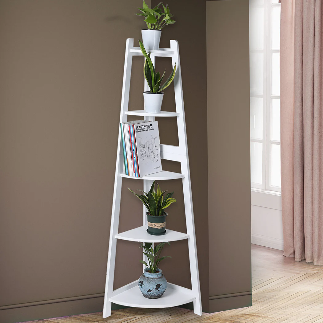 Levede 5 Tier Corner Shelf Wooden Storage White - Image 6