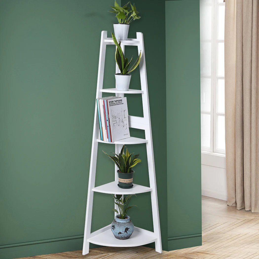 Levede 5 Tier Corner Shelf Wooden Storage White - Image 7