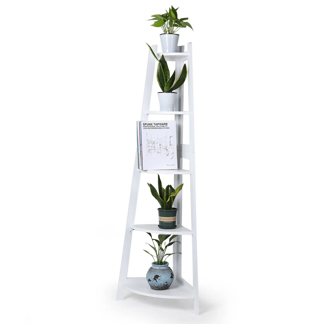 Levede 5 Tier Corner Shelf Wooden Storage White - Image 9