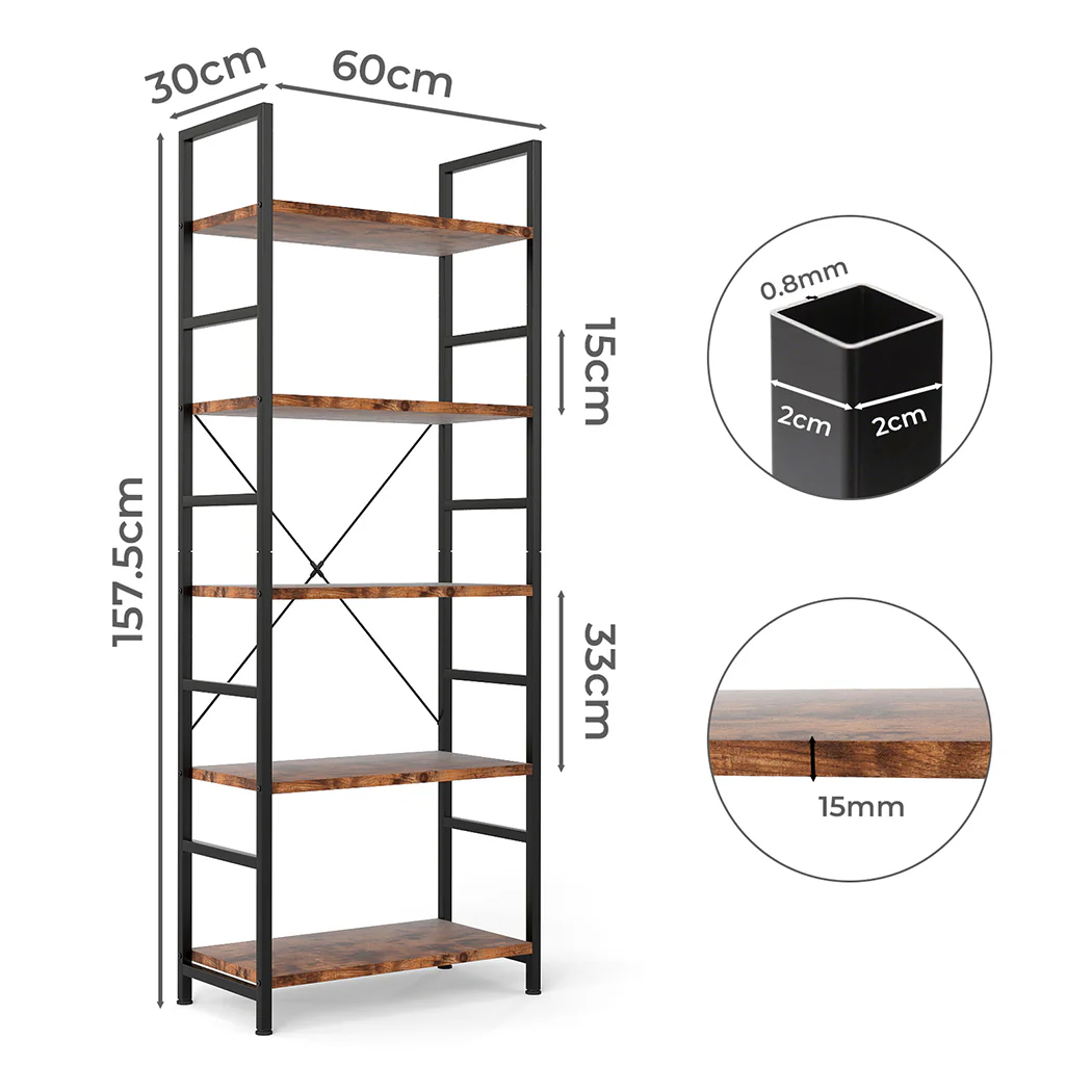 Levede 5-Tier Industrial Bookshelf Bookcase 157.5cm - Image 2