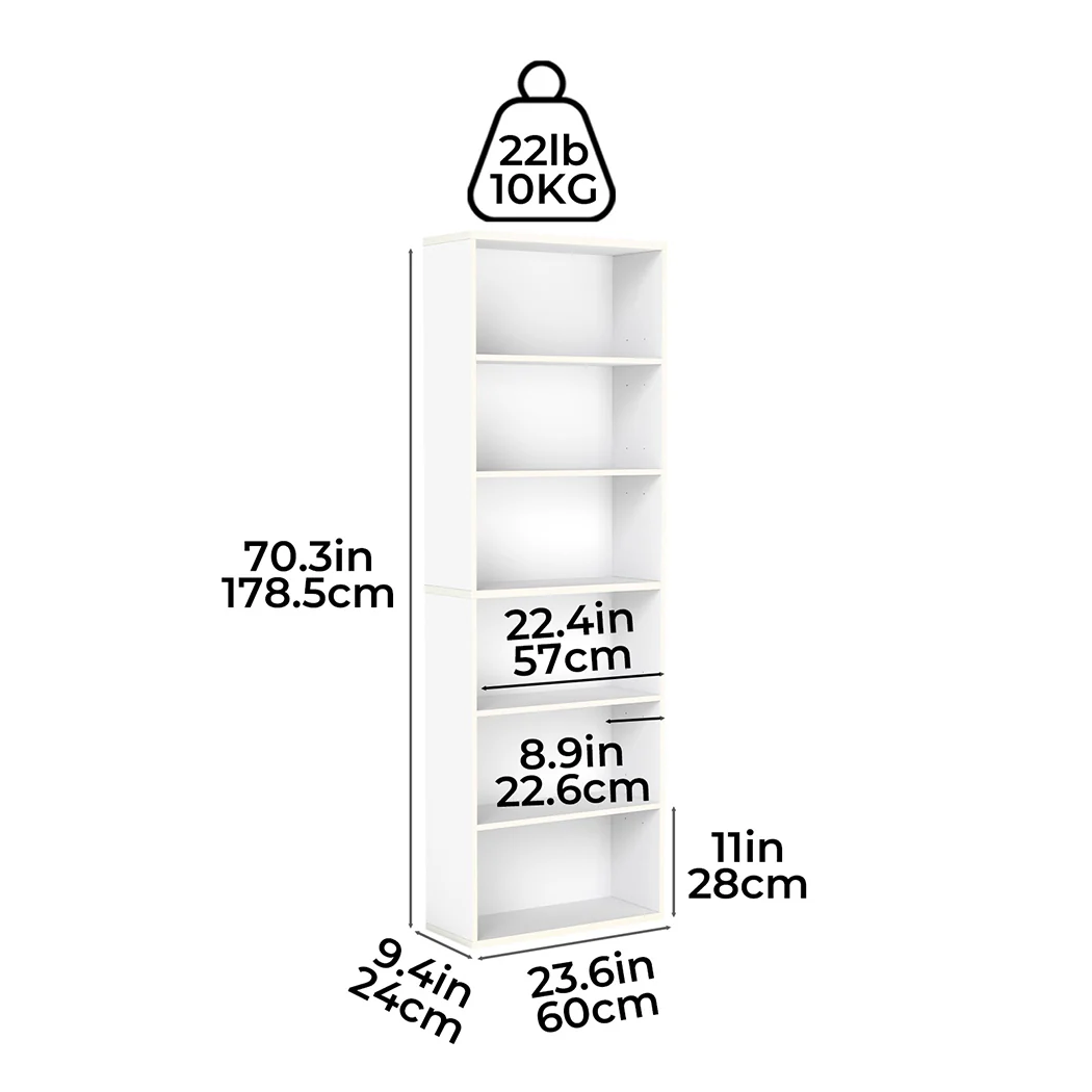 Levede 6 Tier Book Shelf Adjustable Shelves White - Image 2
