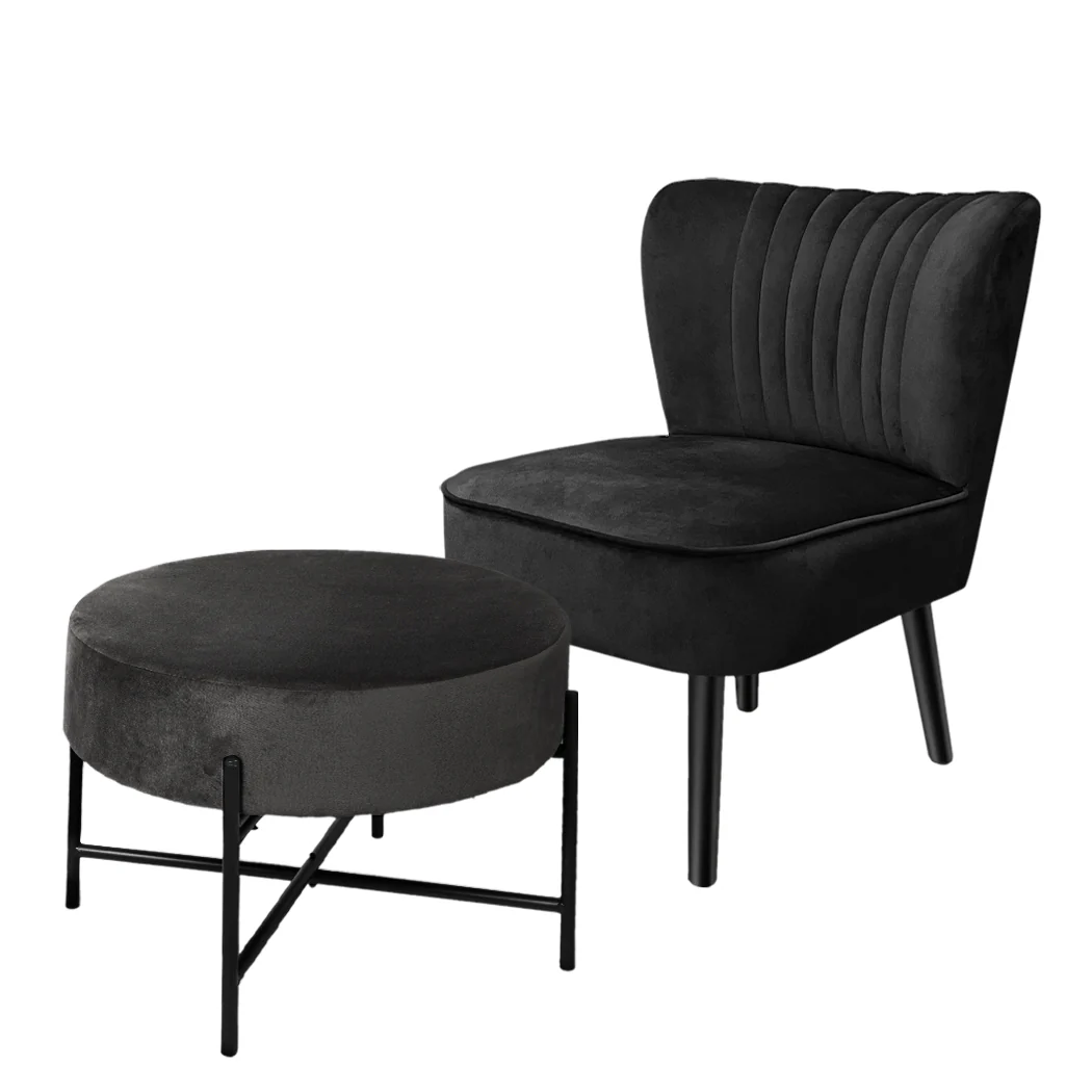 Levede Accent Chair Foot Stool Set Ottoman Black - Image 2