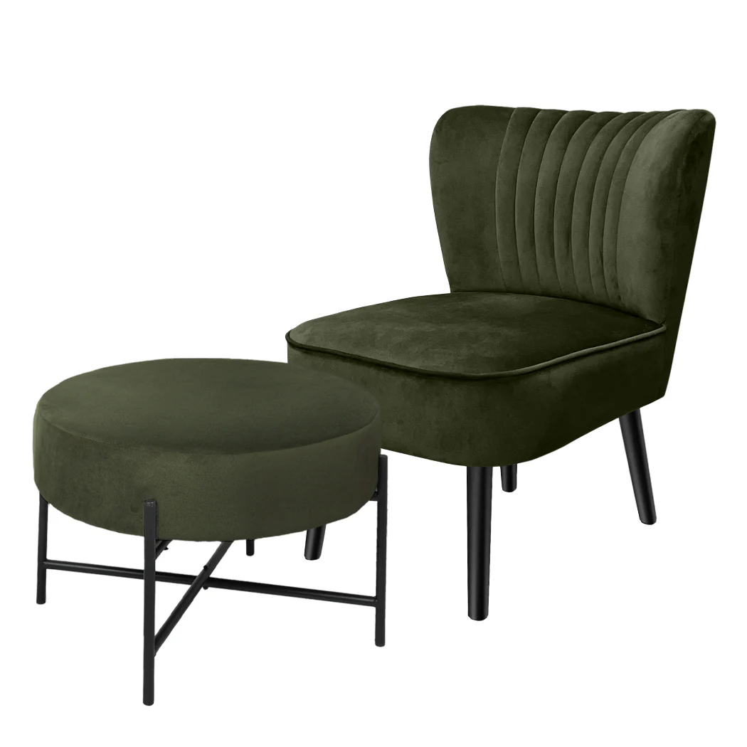 Levede Accent Chair Foot Stool Set Ottoman Green - Image 2