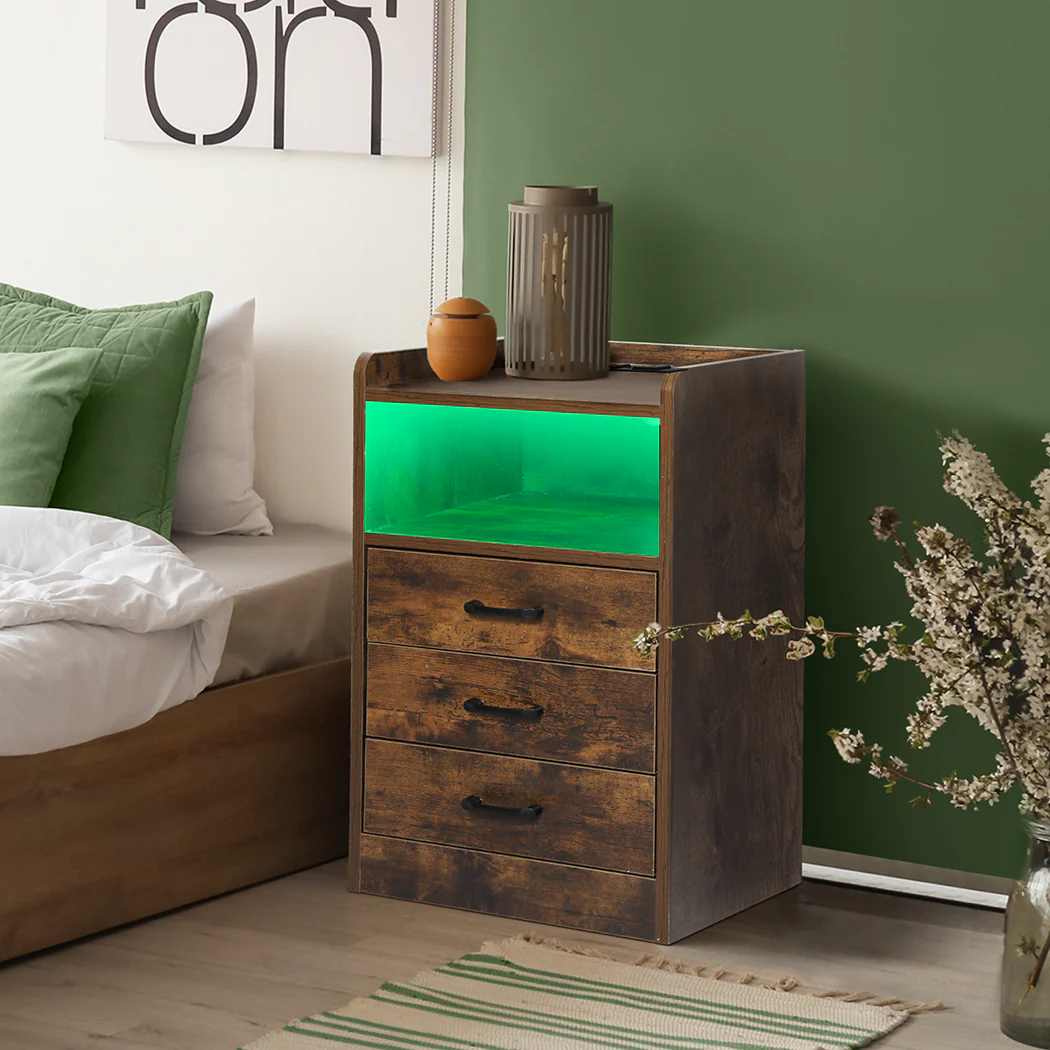 Levede Bedside Table USB Charger Outlet LED Oak - Image 6