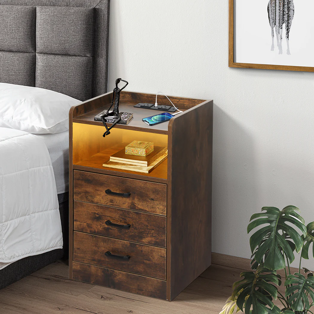 Levede Bedside Table USB Charger Outlet LED Oak - Image 7