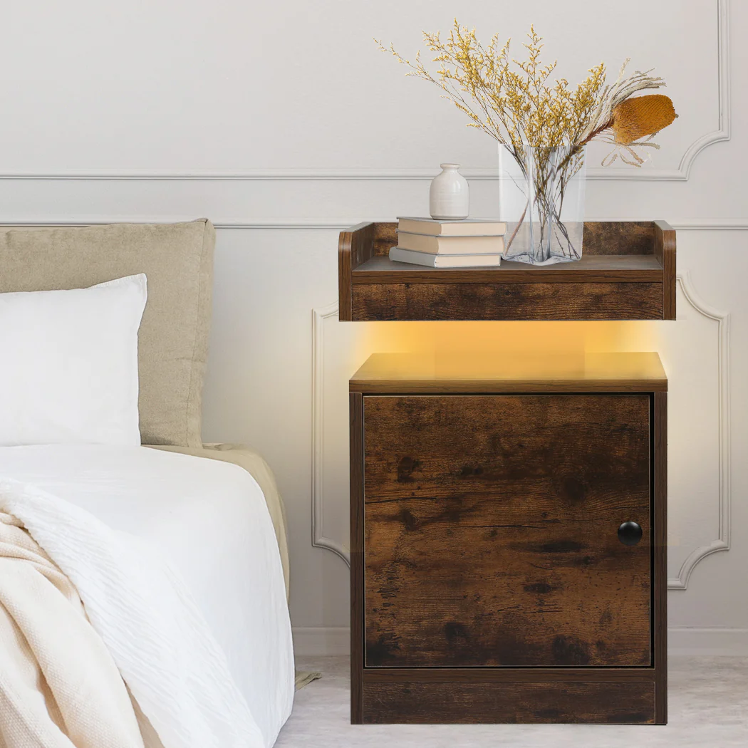 Levede Bedside Table USB Charger Outlet RGB Oak - Image 6