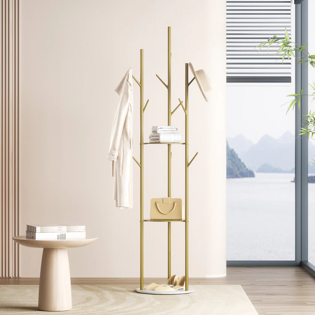 Levede Coat Rack Clothes Stand 8 Hook Organizer Gold - Image 6