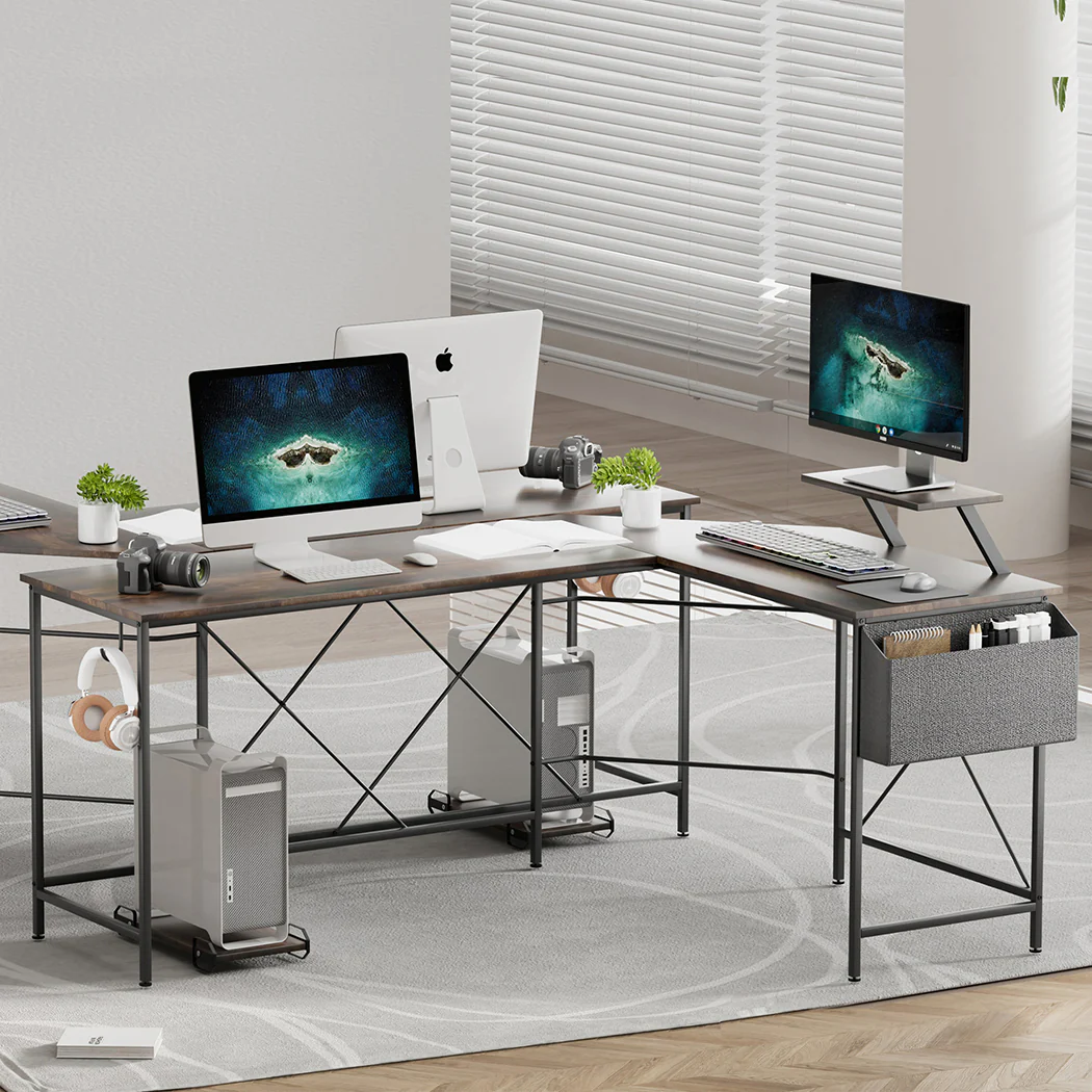 Levede Computer Desk Corner Desk Brown - Image 6