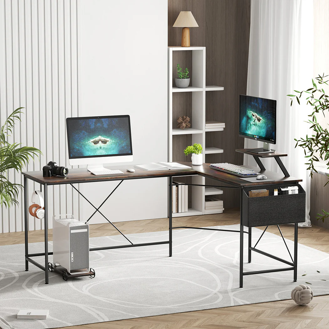 Levede Computer Desk Corner Desk Brown - Image 7