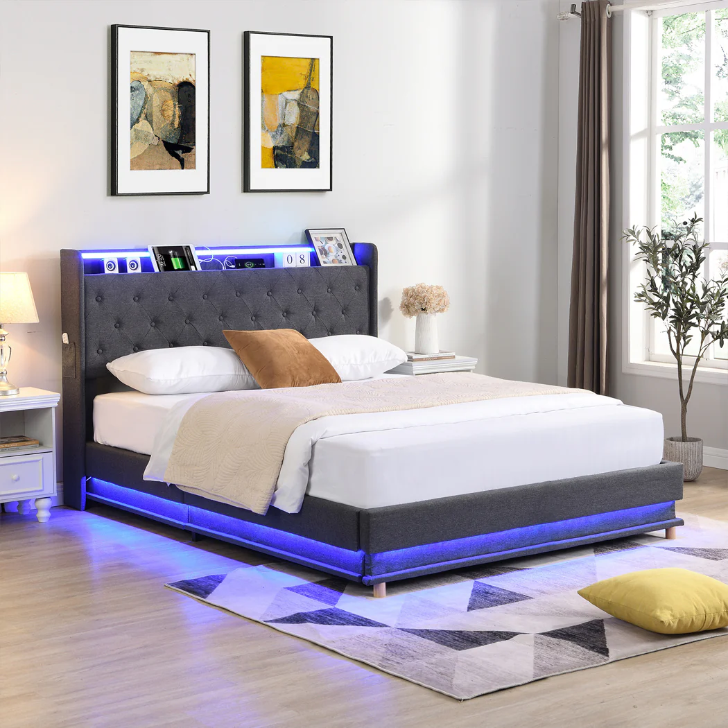Levede Double Bed Frame Gas Lift LED Light - Image 6