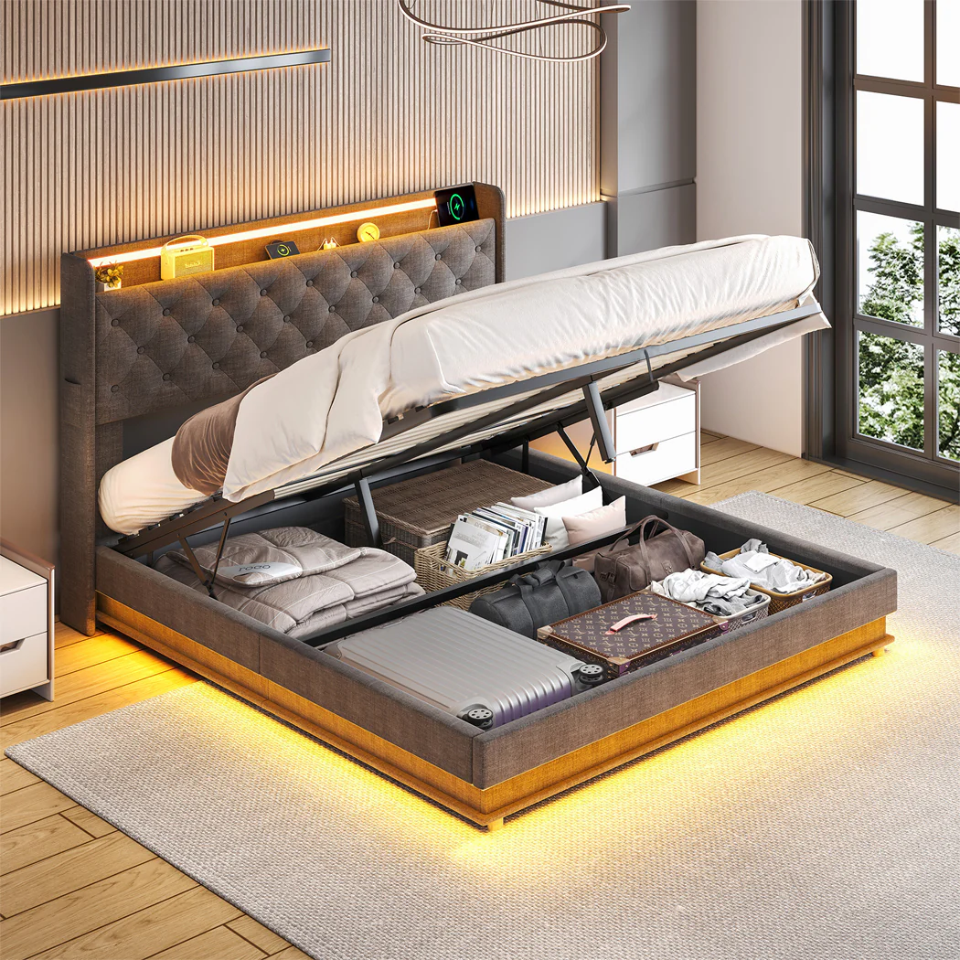 Levede Double Bed Frame Gas Lift LED Light - Image 7