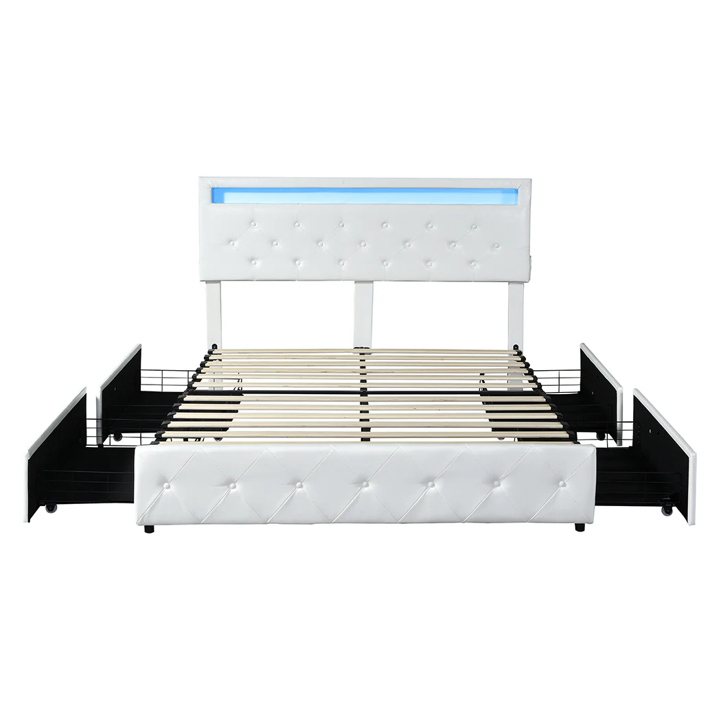 Levede Double Bed Frame RGB LED PU 4 Drawer USB