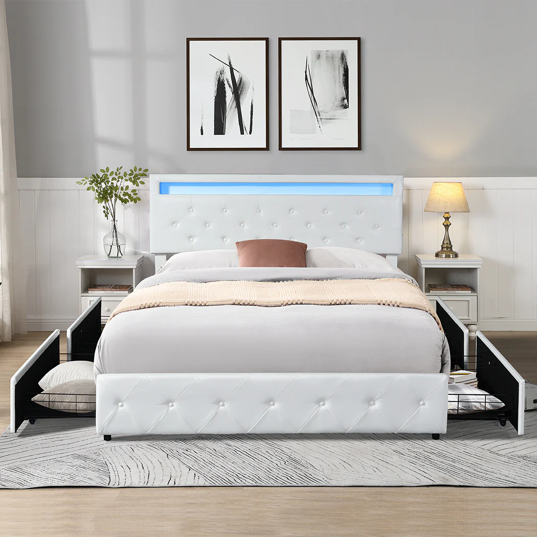Levede Double Bed Frame RGB LED PU 4 Drawer USB - Image 6