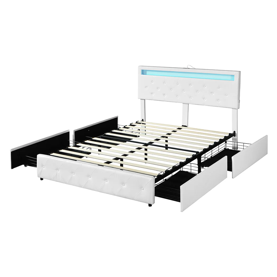 Levede Double Bed Frame RGB LED PU 4 Drawer USB - Image 8