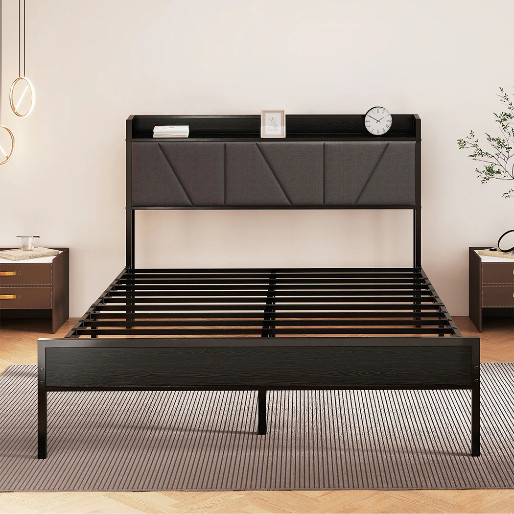 Levede Double Bed Frame Steel Base with Headboard Grey - Image 6