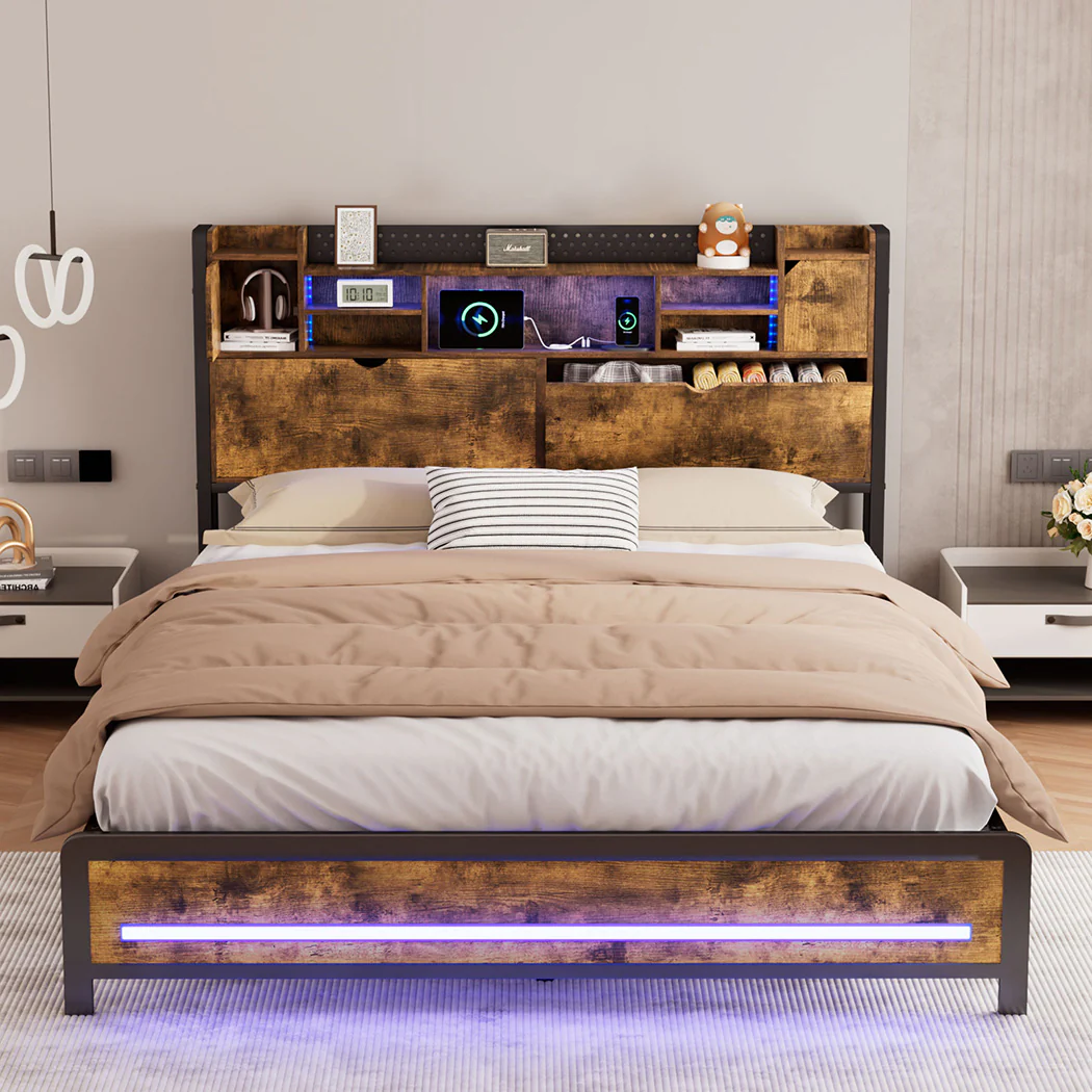 Levede Double Bed Frame Storage Headboard Industrial - Image 7