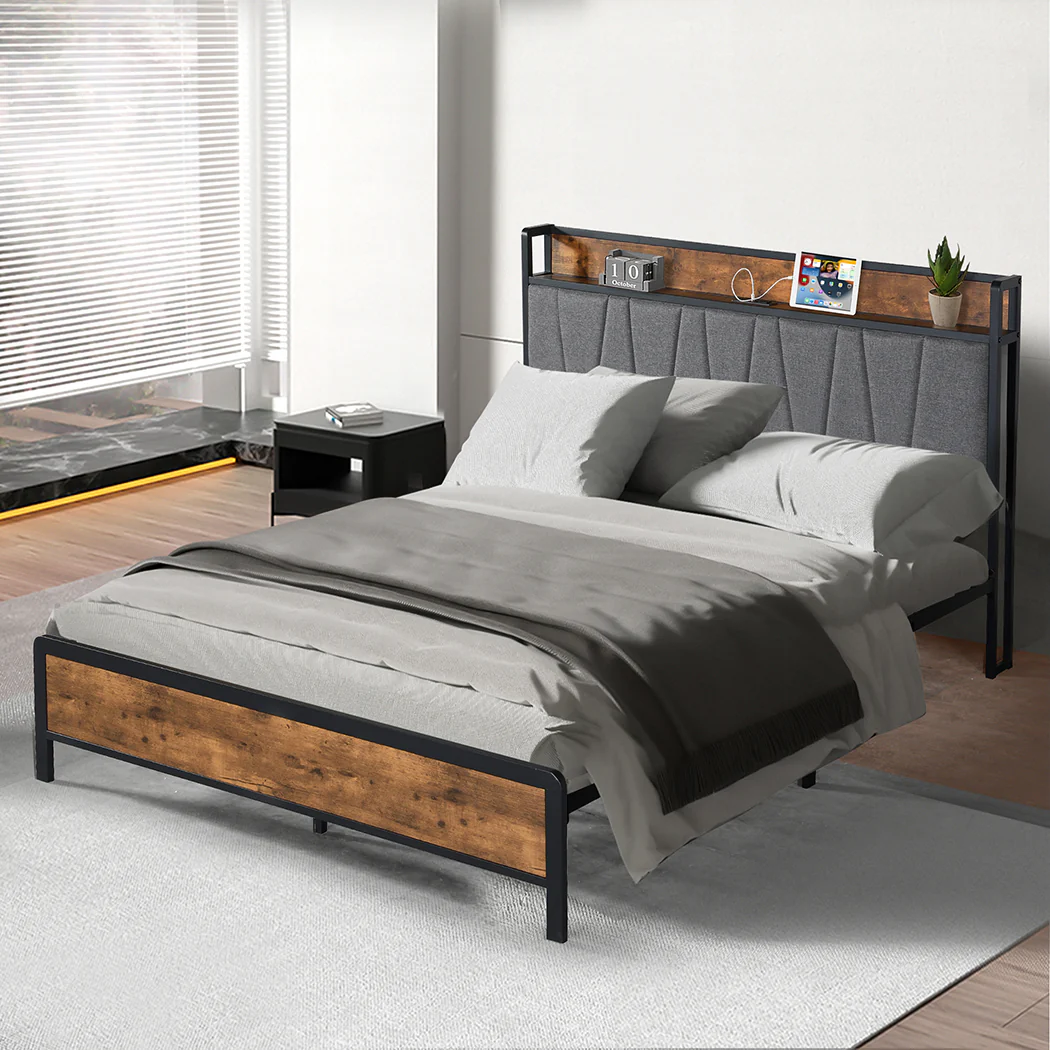 Levede Double Bed Frame Tufted Headboard USB Charge - Image 6