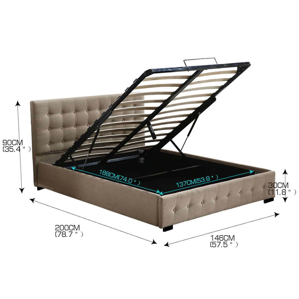 Levede Fabric Bed Frame Double Gas Lift Double Beige - Image 2