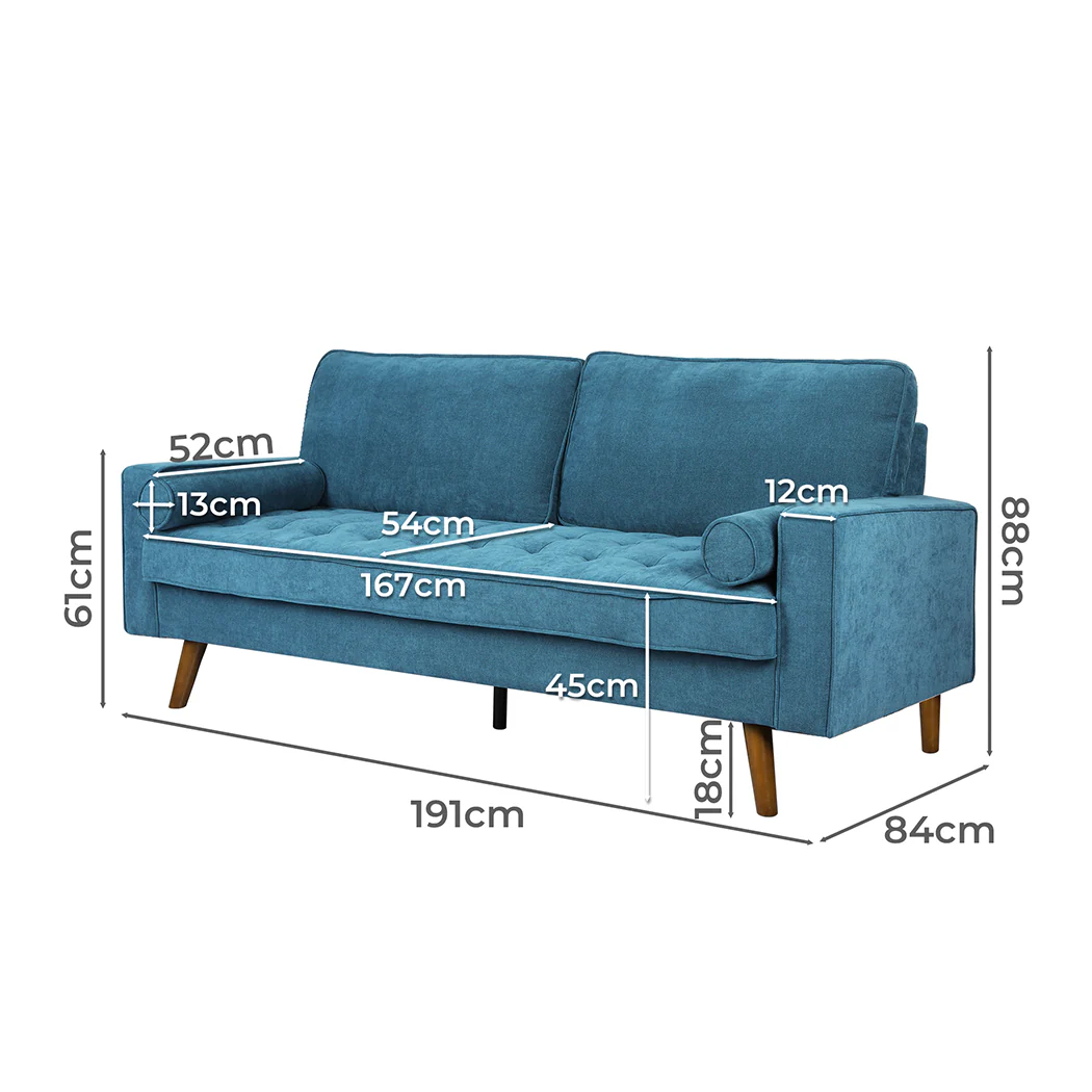 Levede Fabric Sofa Armchair 3 Seater Couch Blue 191cm Wide - Image 2