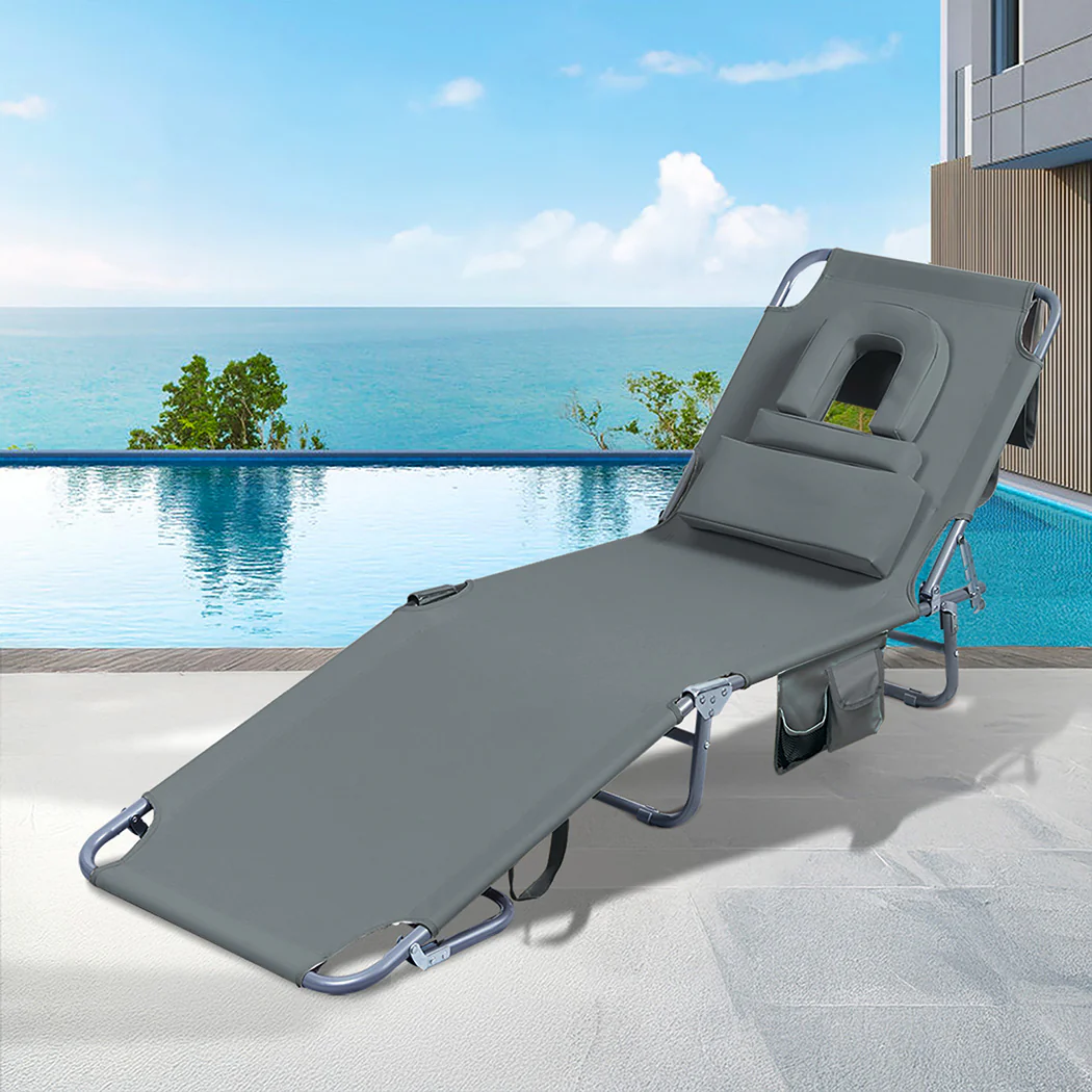 Levede Foldable Beach Lounge Chairs with Face Hole Grey - Image 7