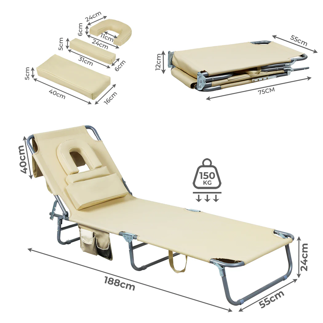Levede Foldable Beach Lounge Chairs with Face Hole Khaki - Image 2