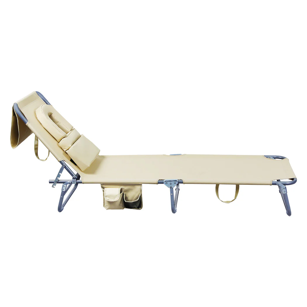 Levede Foldable Beach Lounge Chairs with Face Hole Khaki - Image 3