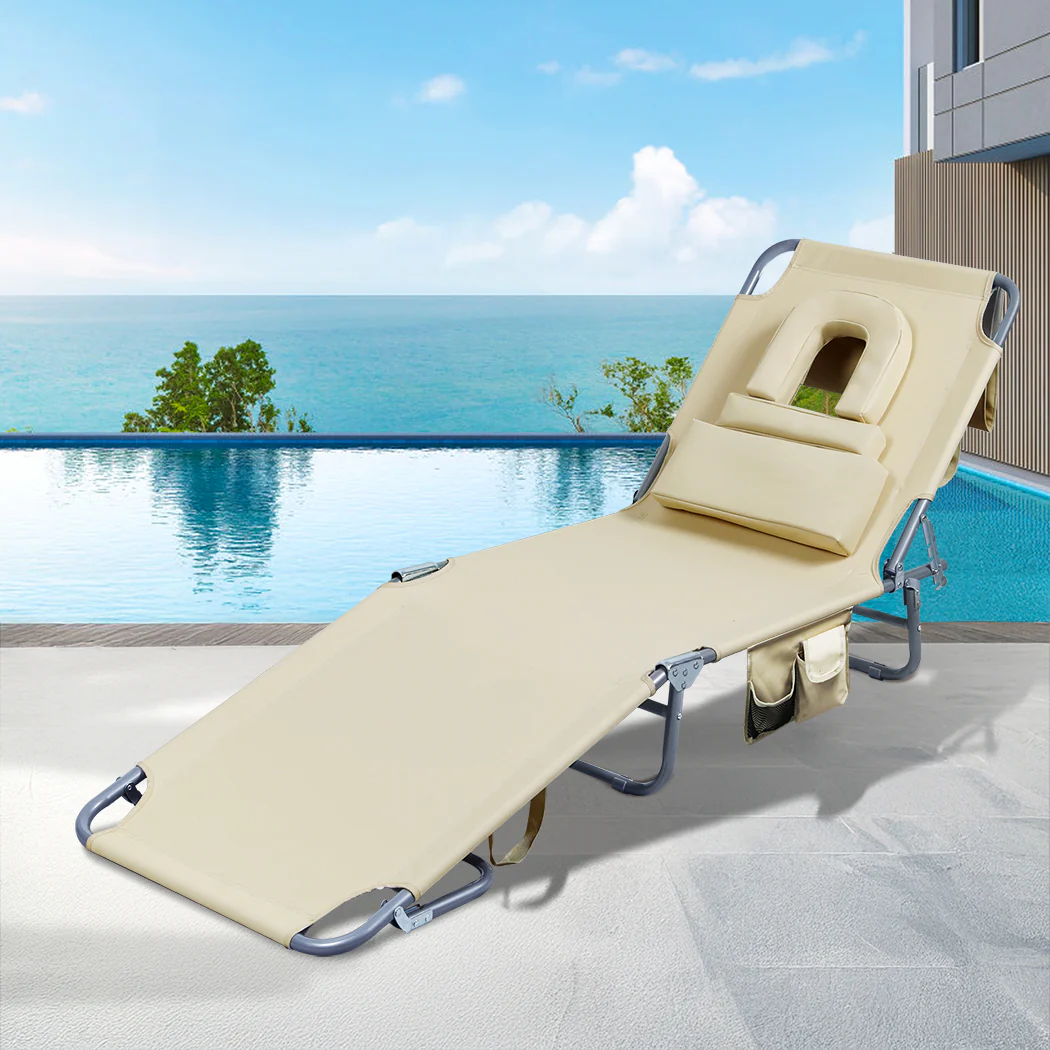 Levede Foldable Beach Lounge Chairs with Face Hole Khaki - Image 7
