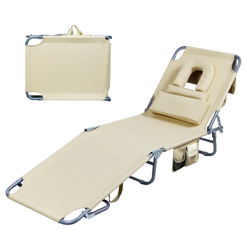 Levede Foldable Beach Lounge Chairs with Face Hole Khaki - Image 8