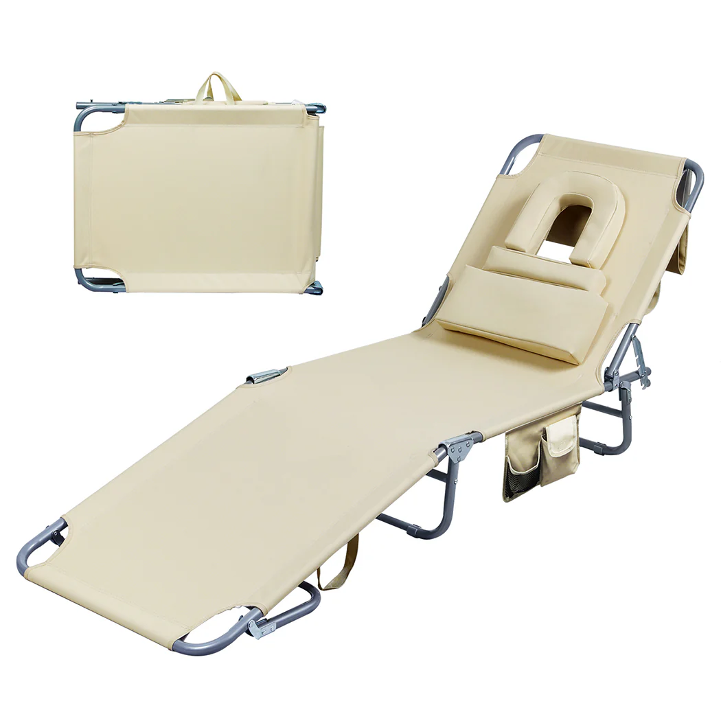 Levede Foldable Beach Lounge Chairs with Face Hole Khaki - Image 9
