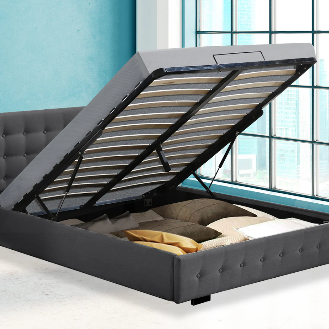 Levede Gas Lift Bed Frame Fabric Base Double Dark Grey - Image 7