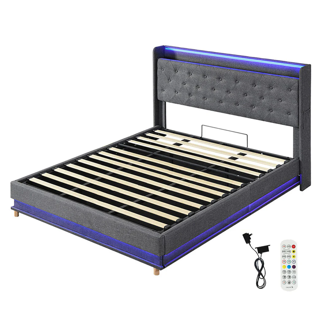 Levede King Bed Frame Gas Lift Storage LED Light USB - Image 9