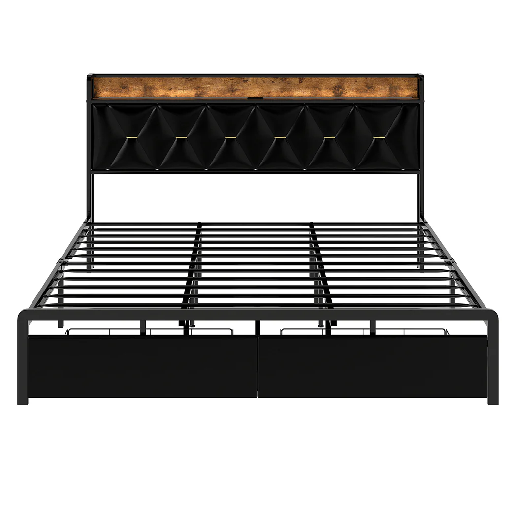 Levede King Bed Frame Leather Headboard RGB 2 Drawers