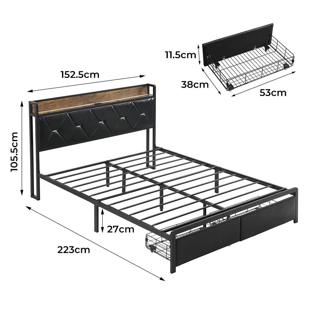 Levede King Bed Frame Leather Headboard RGB 2 Drawers - Image 2