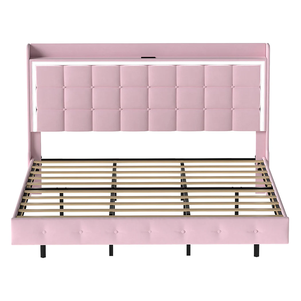 Levede King Floating Bed Frame LED Headboard USB Pink