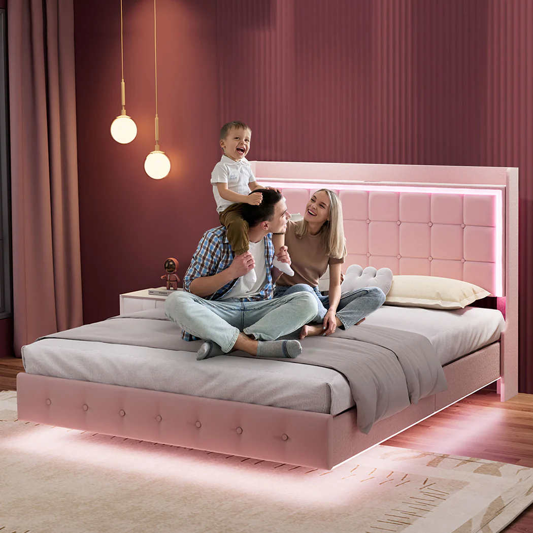 Levede King Floating Bed Frame LED Headboard USB Pink - Image 6