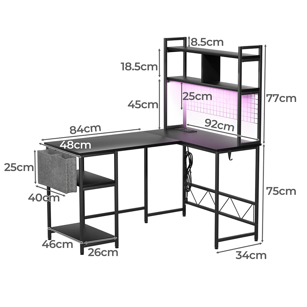 Levede L Shaped Gaming Desk with LED Lights Black - Image 2