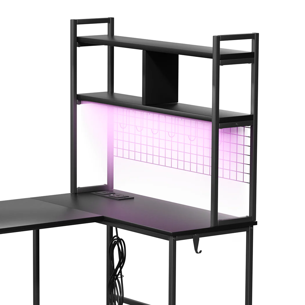 Levede L Shaped Gaming Desk with LED Lights Black - Image 3