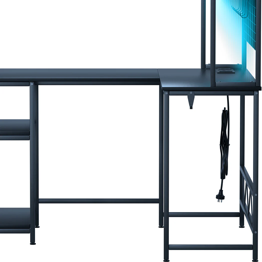 Levede L Shaped Gaming Desk with LED Lights Black - Image 4