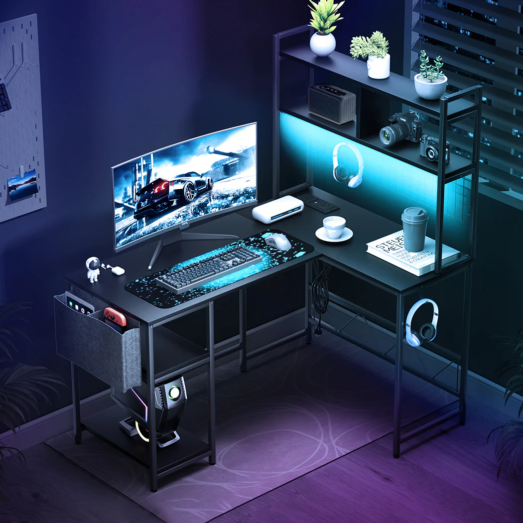 Levede L Shaped Gaming Desk with LED Lights Black - Image 7