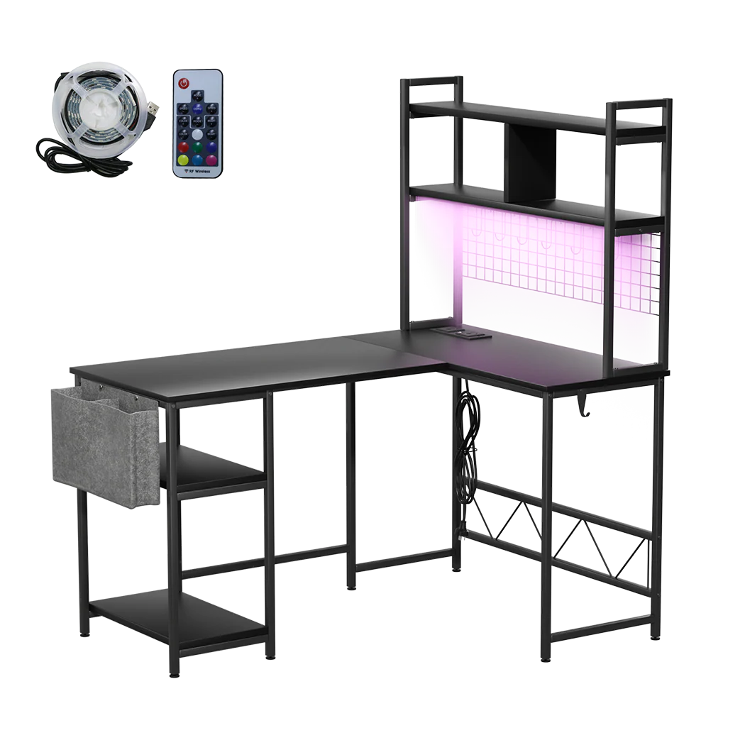 Levede L Shaped Gaming Desk with LED Lights Black - Image 8