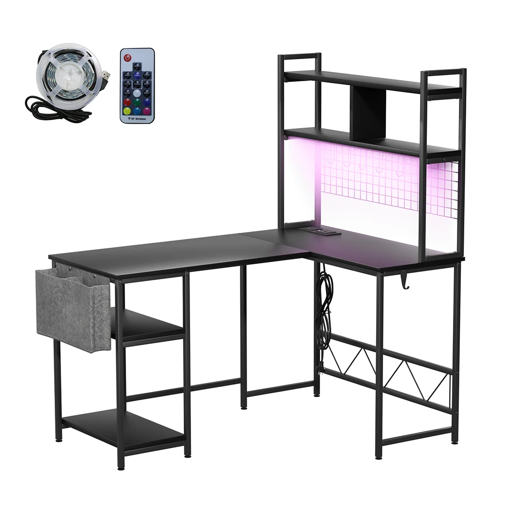 Levede L Shaped Gaming Desk with LED Lights Black - Image 9