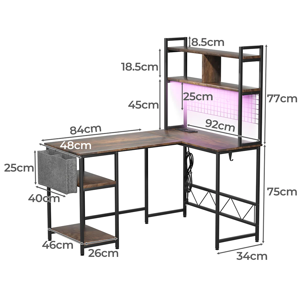 Levede L Shaped Gaming Desk with LED Lights Brown - Image 2