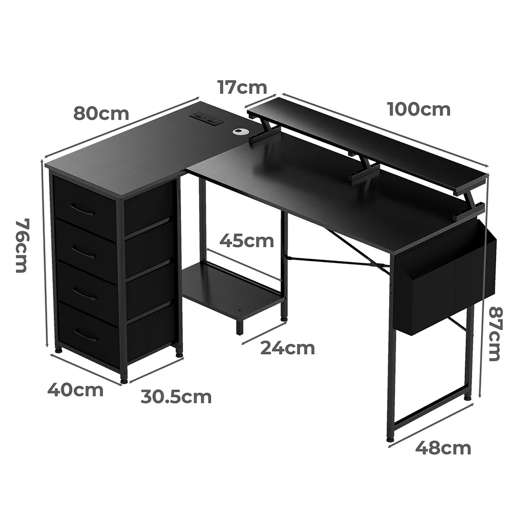 Levede L Shaped Gaming Desk with Storage Drawers Black - Image 2